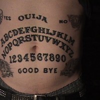 Stomach tattoo,yes, no, alphabet, numbers, goodbye