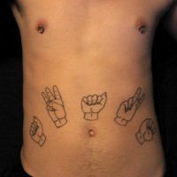 Stomach tattoo, different figures shown by hand
