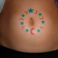 Stomach tattoo, circle around the navel of moon and stars