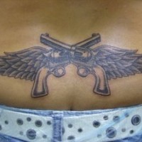 Stomach tattoo, two crossed winged guns