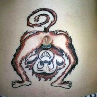 Stomach tattoo, raunchy monkey, showing ass