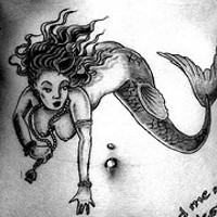 Stomach tattoo, swimming, attractive, black and white mermaid