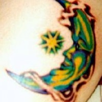 Green humanized moon crescent tattoo