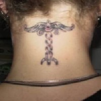 Winged symbol tattoo on neck