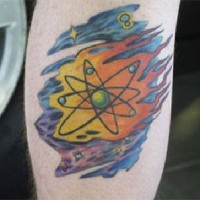 Atom structure in space coloured tattoo