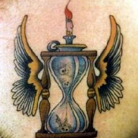 Winged sand clock of death coloured tattoo