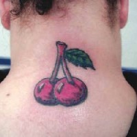 Red cherry coloured tattoo on neck