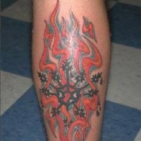 Black symbol in flames tattoo