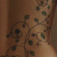 Bonito tatuaje de la vid con las fresas en la espalda