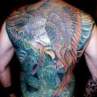 Eagle fights snake coloured tattoo on back
