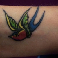 Tatuaggio colorato sul polso l'uccello