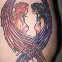 Red and black girls-angels  tattoo on hip