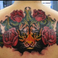 Mehrfarbiges Tattoo mit Tiger und Rosen