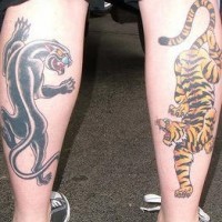 Tiger and panther tattoo on legs