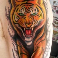 Tiger in black flame coloured tattoo