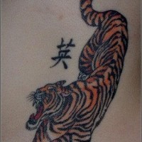 Asian tiger with hieroglyph tattoo