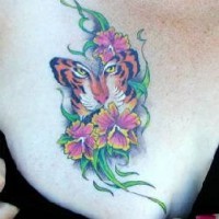 Tiger in flower tracery coloured  tattoo