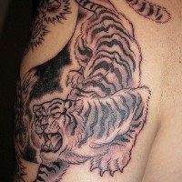 Schwarze Tinte asiatischer Tiger Tattoo an der Schulter