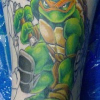 Leg tattoo, green flying mutant ninja turtles