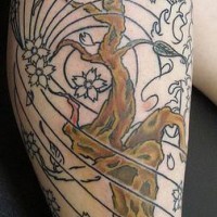 el tatuaje de pierna con una arbol con lineas largas y flores hecho en color
