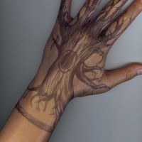 el tatuaje hecho en la mano y dedos con un arbol de  color cafe