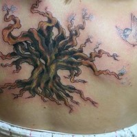 el tatuaje con un arbol con pajaros alrededor hecho en la espalda