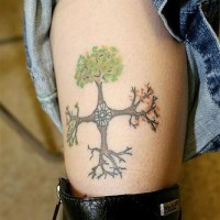 Tatuaggio curioso sulla gamba l'albero che indica quattro direzioni dei punti cardinali