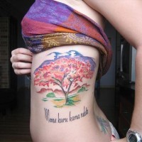 Tatuaggio colorato sul fianco l'albero & la scritta