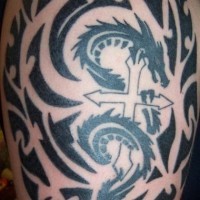 Black tribal tattoo with dragon and cross