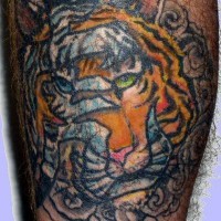 Interesante tatuaje con tigre y jeroglíficos