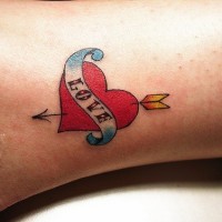 Love in red heart with arrow tattoo