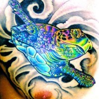 Tatuaggio colorato sul petto la tartaruga lucida