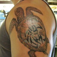 Gros tortue marron le tatouage sur l'épaule