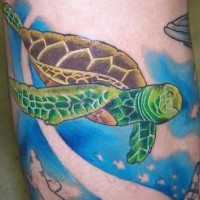 Colorful seabed tattoo with green turtle