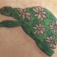 Une vielle tortue vert avec le tatouage de fleurs sur le dos