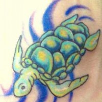 Swimming green turtle with blue sign tattoo