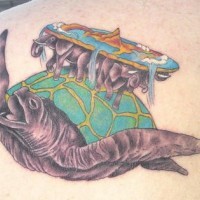 Colorful tattoo of turtle with world on the back