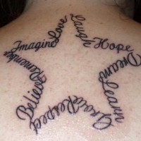 Composed tattoo on upper back star of words