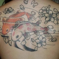 Catfishes on upper back swimming in  flowers  tattoo