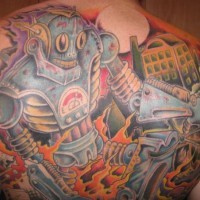 On upper back giant robot tattoo in fireing city