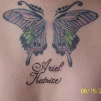 Tatuaje en la espalda mariposa cruzada en color con una inscripción