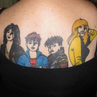Company on upper back tattoo with stylish persons