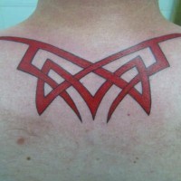 On upper back red image tattoo with sharp edges
