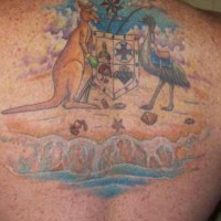 Tattoo ostrich and kangaroo on upper back holding blazon
