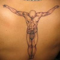 Muskulöser und kahler Mann Tattoo am oberen Rücken