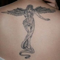 Angel tattoo  on upper back dancing with wings