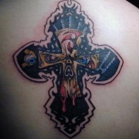 Awful cross tattoo with eyes and blood on upper back
