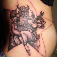 Big viking warrior with girl in star tattoo decor