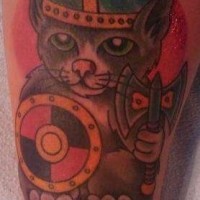 Tattoo of sweet cat viking in helmet with sword