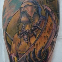 Viking pirata en la nave tatuaje en color